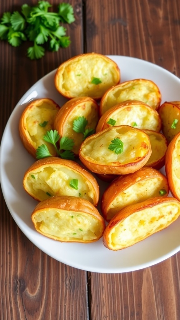 Parmesan Baked Potatoes Recipe Crispy Parmesan baked potatoes garnished with parsley on a rustic table.